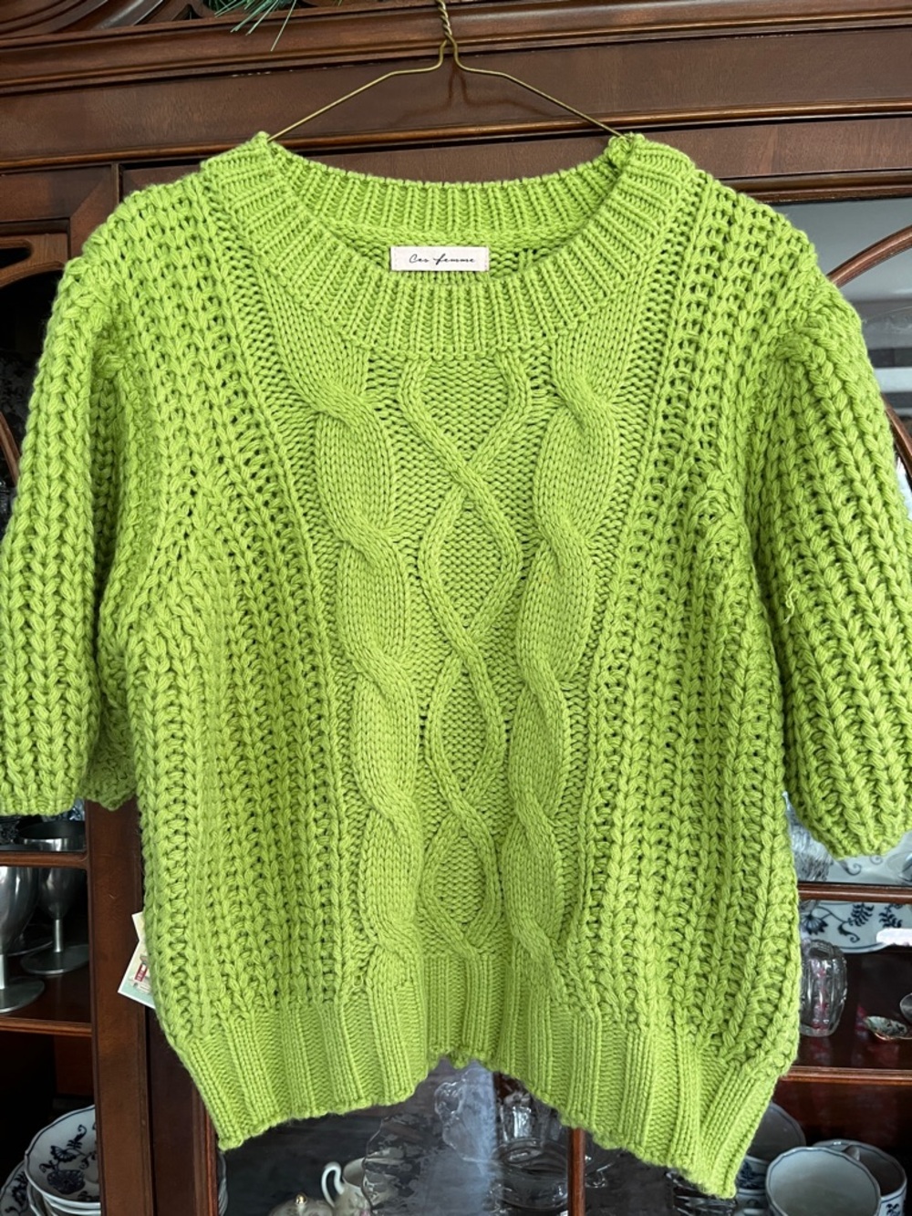 Ces Femme Lime Green Cable Knit Short-Sleeve Sweater